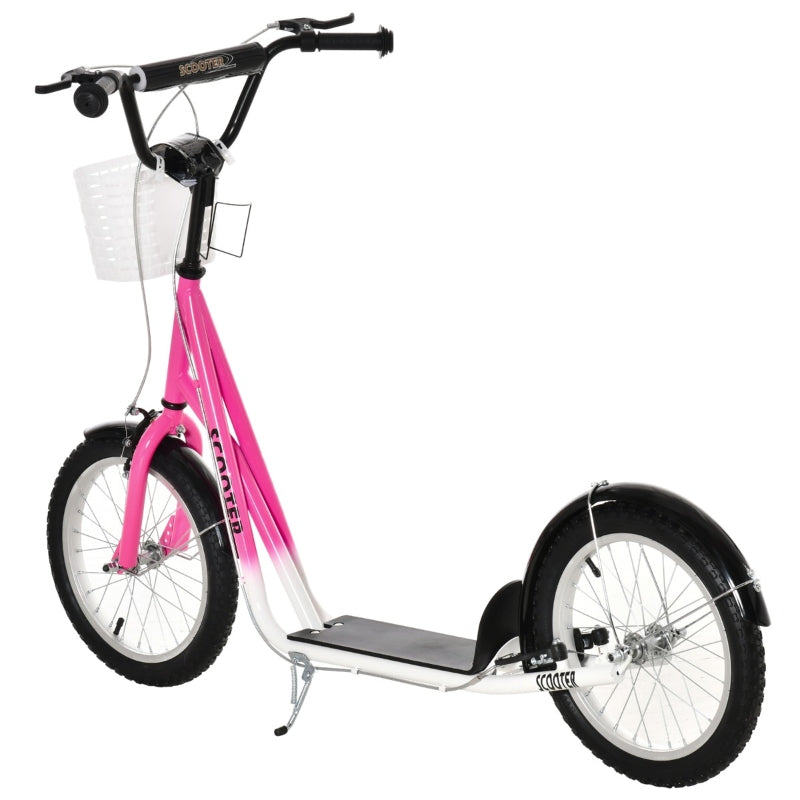 Pink Kids Scooter with Adjustable Handlebar, 2 Brakes, Basket, Cupholder, Mudguard, 16" Inflatable Tyres