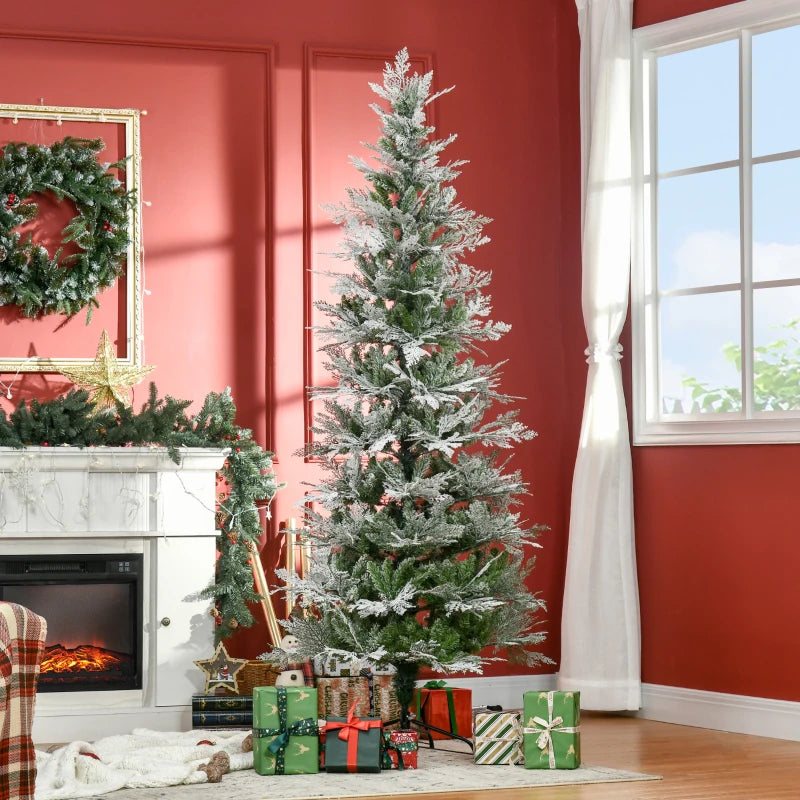 7 Ft Snow Flocked Pencil Christmas Tree, Realistic Cypress Branches, Green