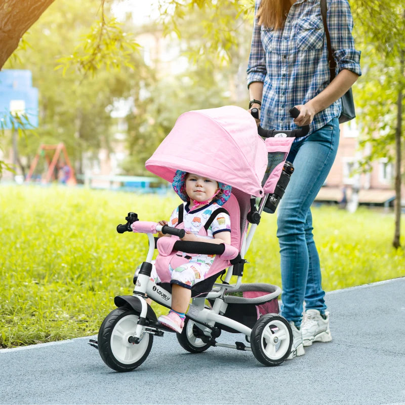 Pink 6-in-1 Kids Trike with Push Handle, Canopy, Safety Belt, Storage, Footrest, Brake