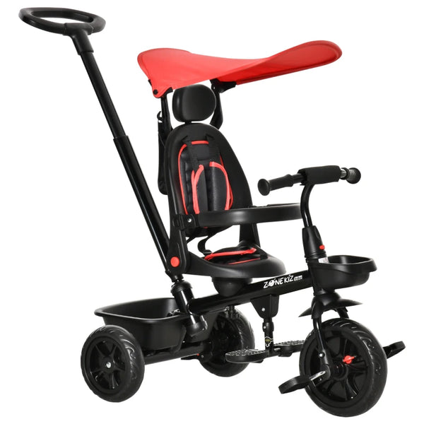 Red 4-in-1 Kids Tricycle with Adjustable Seat and Canopy