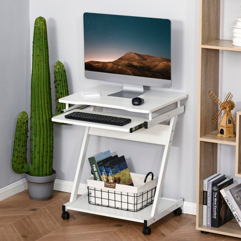 White Mobile Computer Desk with Sliding Keyboard Tray
