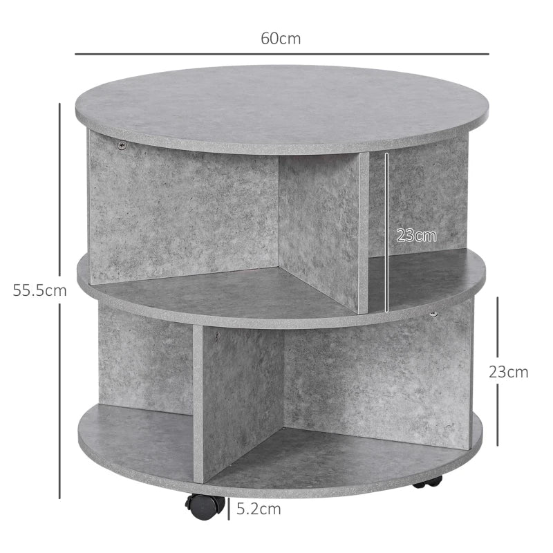 Round Cement Coffee Table with Divided Shelves and Wheels