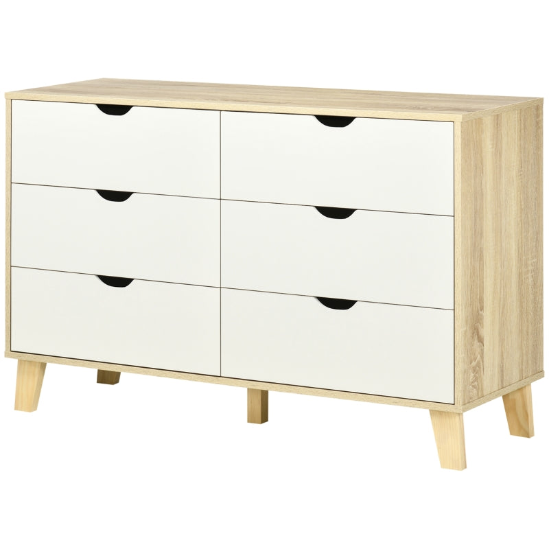 6-Drawer White and Light Brown Bedroom Dresser with Wood Legs