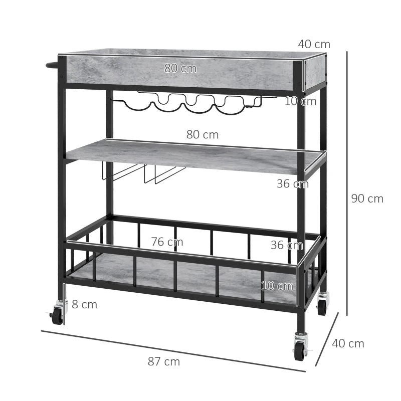 3-Tier Grey Kitchen Cart with Storage Shelves, Wine Racks, and Glass Holders