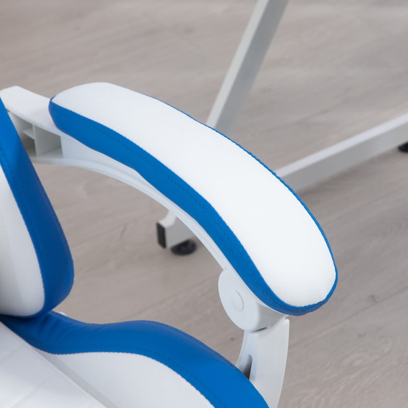 White and Blue Racing Gaming Chair with Footrest and Swivel Seat