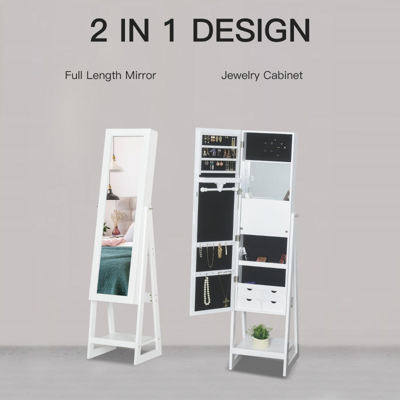 White Standing Mirror Jewellery Cabinet with LED Lights