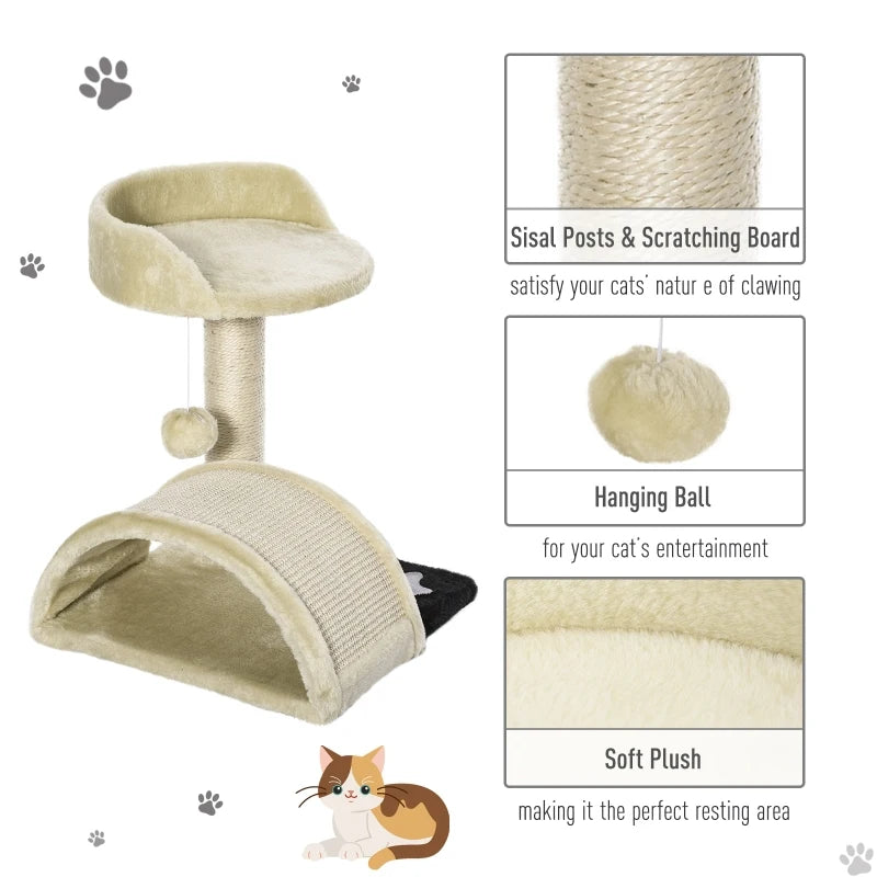 Beige Cat Tree Scratching Post with Hanging Ball