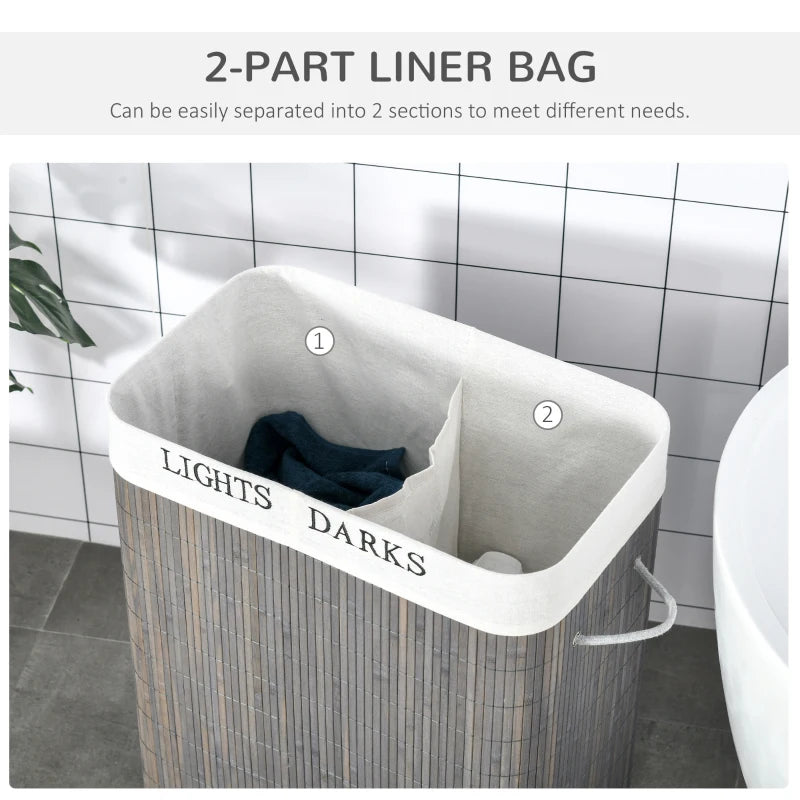 Grey 2-Section Collapsible Laundry Basket with Lid and Handles