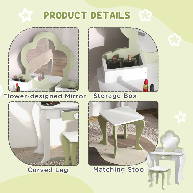 Kids White Vanity Table Set with Mirror, Stool, Drawer, and Flower Design