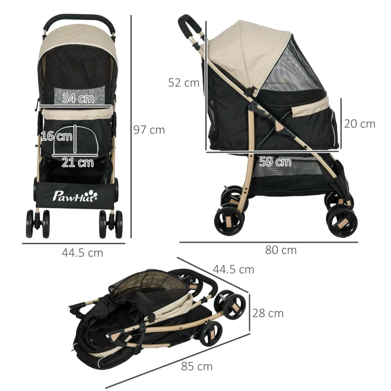 Khaki Pet Stroller for Small Dogs with Rain Cover