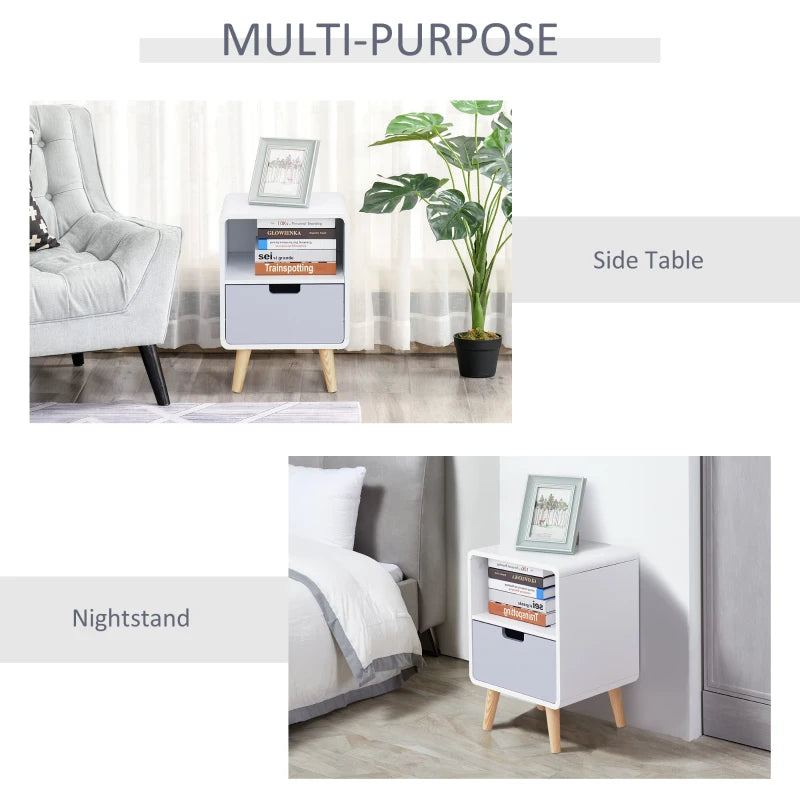 Wooden Nightstand with Drawer - White Scandinavian Style