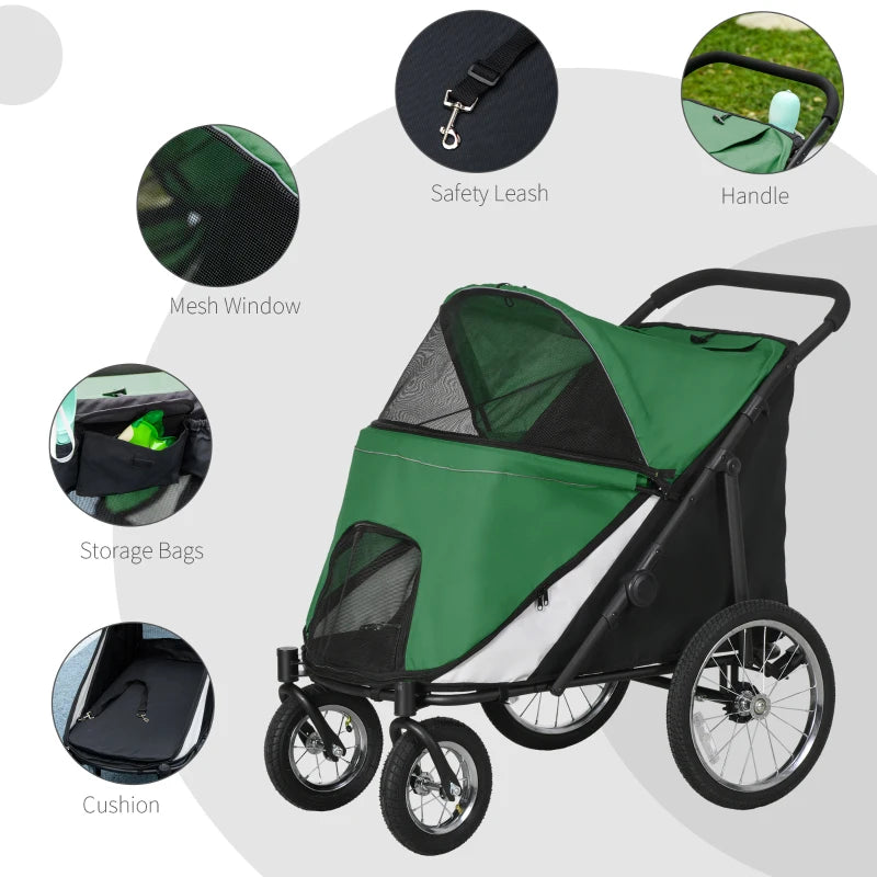 Foldable Pet Stroller with Washable Cushion - Green