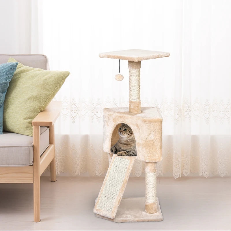 Beige Corner Cat Tree with Scratching Post and Toy