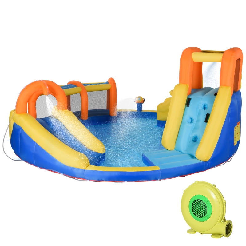 6-in-1 Kids Inflatable Bouncy Castle with Slide, Pool, Water Gun, Climbing Wall - Blue