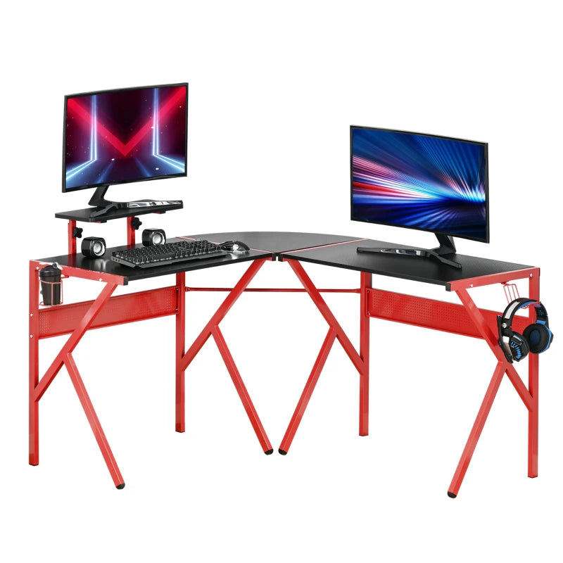 Red L-Shaped Gaming Desk with Monitor Stand and Cup Holder