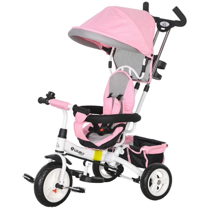 Pink 6-in-1 Kids Trike with Push Handle, Canopy, Safety Belt, Storage, Footrest, Brake