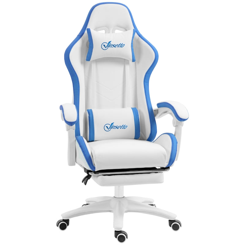 White and Blue Racing Gaming Chair with Footrest and Swivel Seat