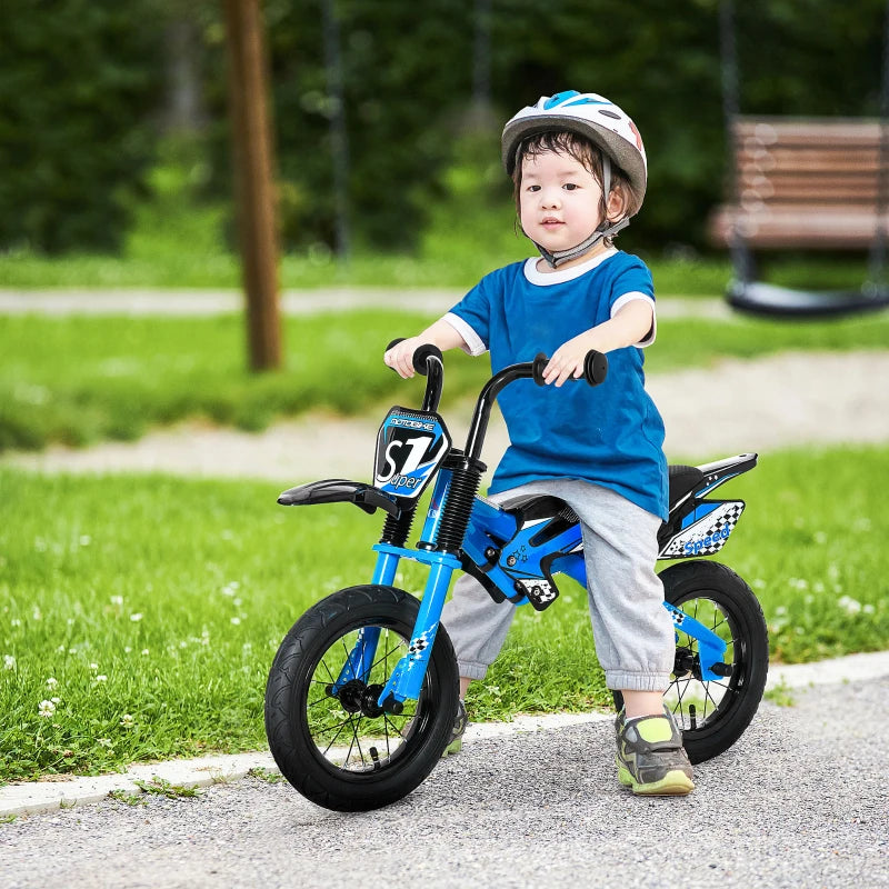 Blue 12" Kids Balance Bike, No Pedal Training Bicycle, Motorbike Style