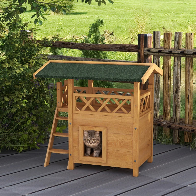 Outdoor Cat House with Balcony and Stairs, Natural Wood Finish, 77 x 50 x 73 cm