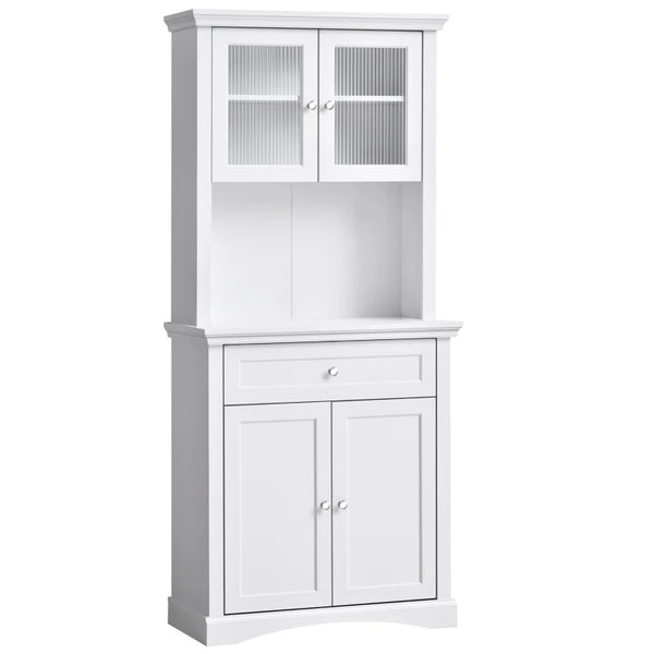 White Kitchen Storage Cabinet with Glass Doors and Adjustable Shelves