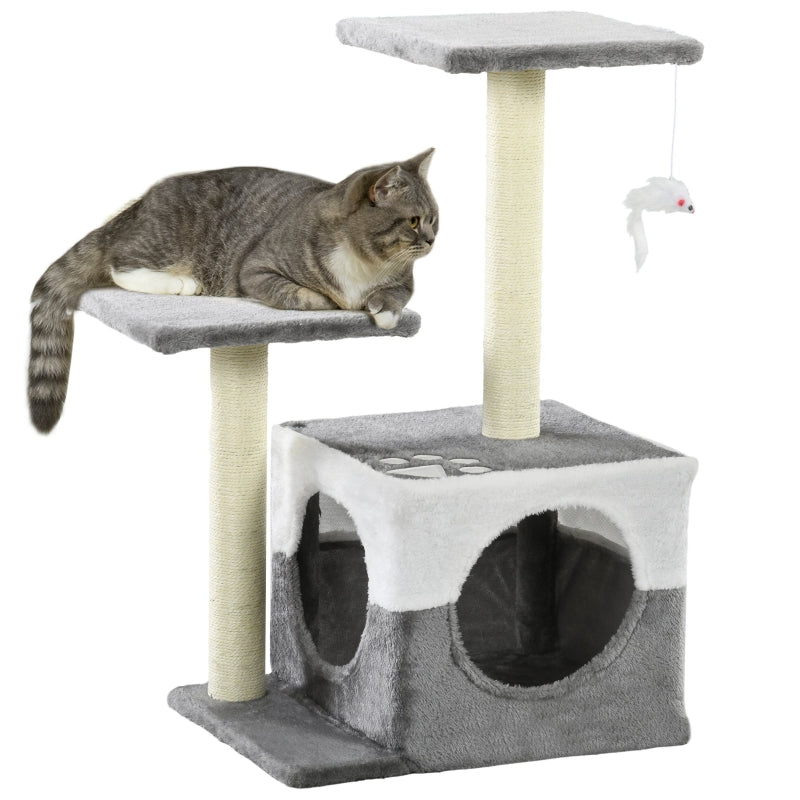 Grey Cat Tree with Scratching Posts, House, Perches & Toy Mouse