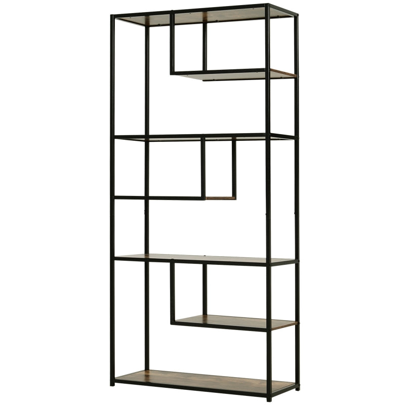 Industrial 6-Tier Tall Bookcase, Steel Frame, Rustic Brown/Black, 82x33.5x175cm