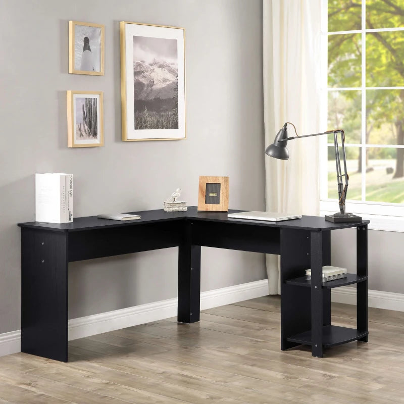 Black L-Shaped Corner Desk with Storage Shelves, Home Office Gaming Desk, 140x140x75 cm