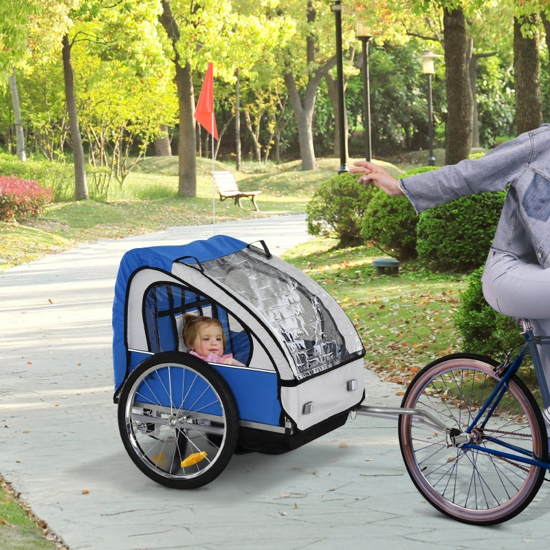 Blue White 2-Seat Child Bike Trailer with Safety Harness