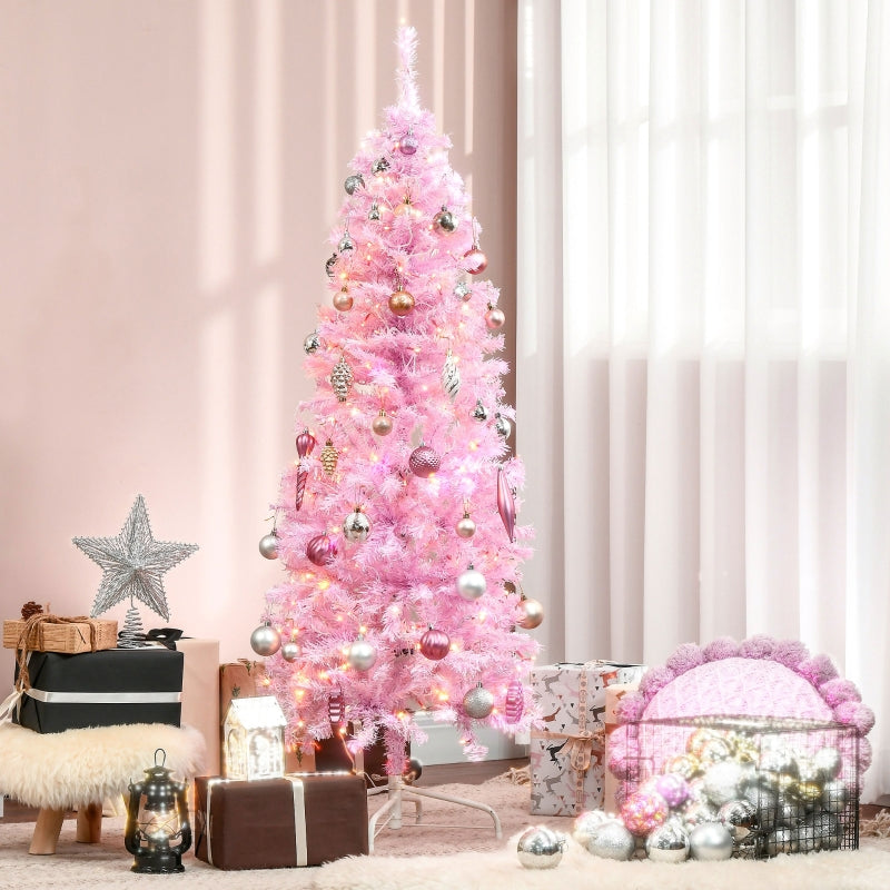 6FT Pink Pre-lit Pencil Slim Christmas Tree with Warm White LED Lights