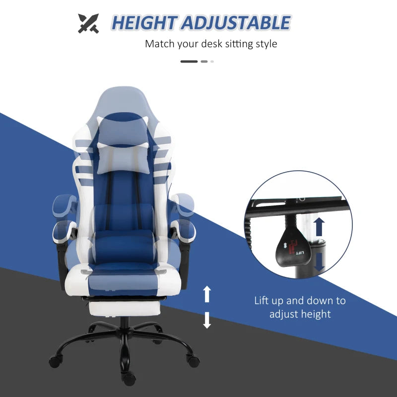 Blue White Gaming Chair with Headrest, Footrest, Wheels - Adjustable Height