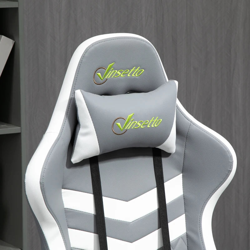 Grey White Gaming Chair with Lumbar Support and Swivel Wheels
