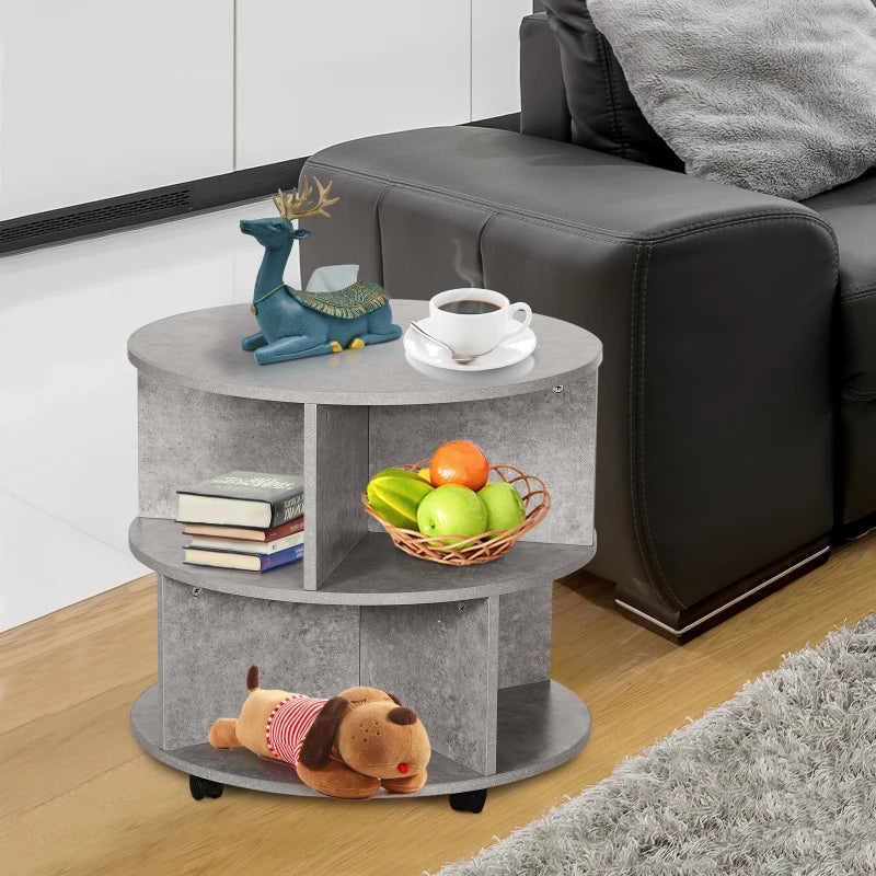 Round Cement Coffee Table with Divided Shelves and Wheels