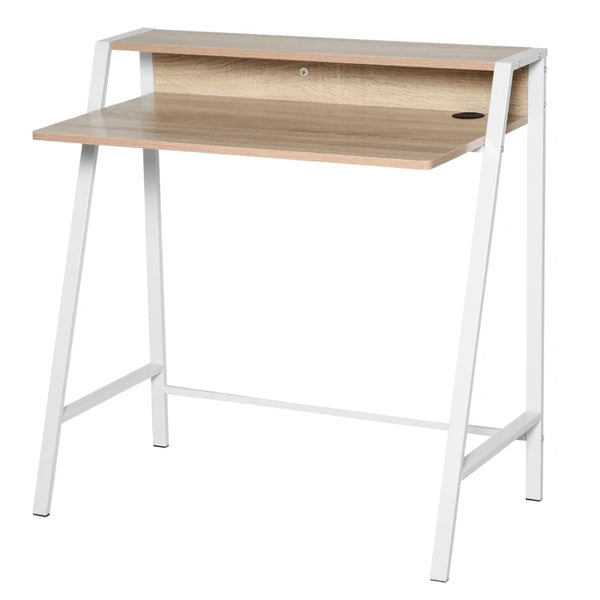 White and Oak Home Office Writing Desk with Storage Shelf