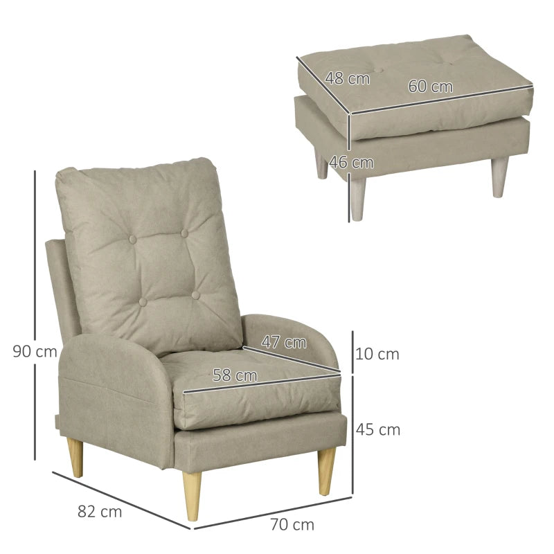 Beige Upholstered Recliner Armchair Set with Footstool - Modern Button Tufted Accent Chair