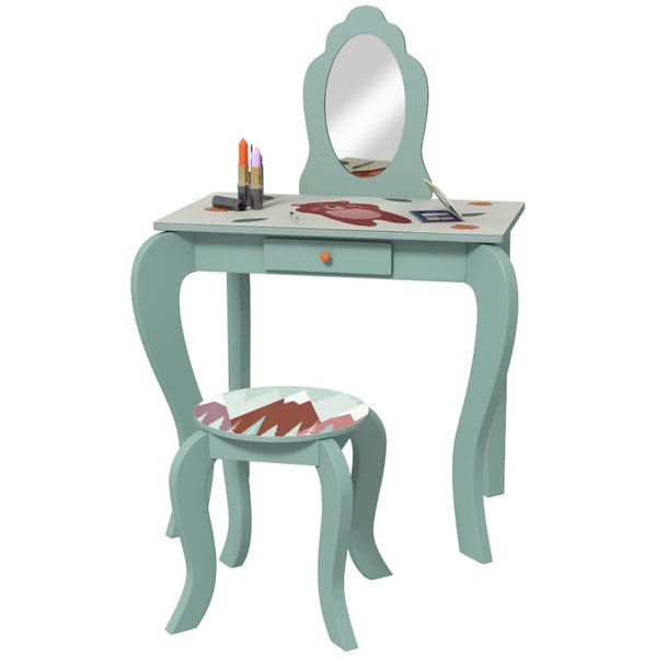 Green Kids Dressing Table Set with Mirror, Stool, Drawer - Cute Animal Design