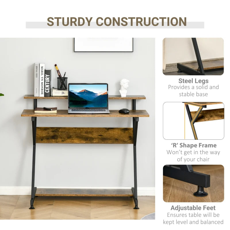 Rustic Brown Compact Computer Desk with Storage & Monitor Stand