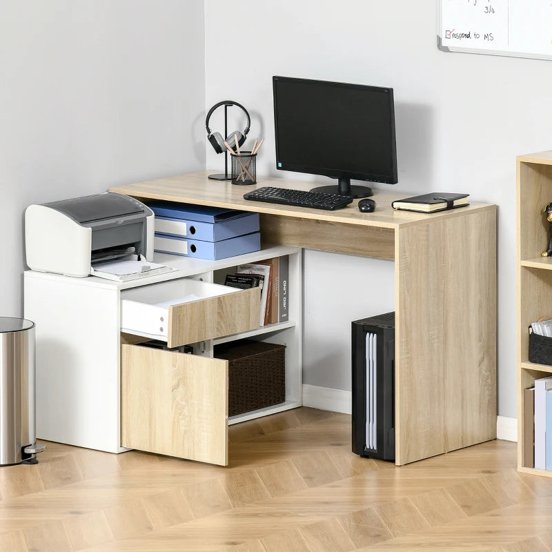 Oak and White L-Shaped Corner Computer Desk with Storage Drawer