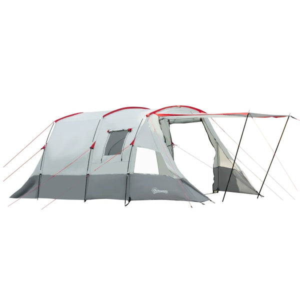 6-8 Person Grey Tunnel Camping Tent with Bedroom, Living Room, 3 Doors