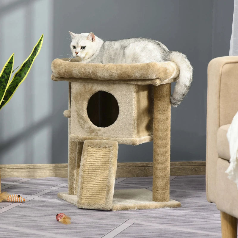 Brown Cat Tree Tower with Scratching Post and Toy Ball