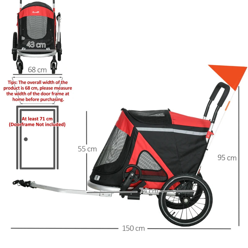 Red 2-in-1 Aluminium Dog Bike Trailer & Pet Stroller for Medium Dogs