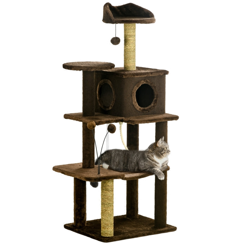 Modern Brown Cat Tree with Scratching Posts and Toy Ball