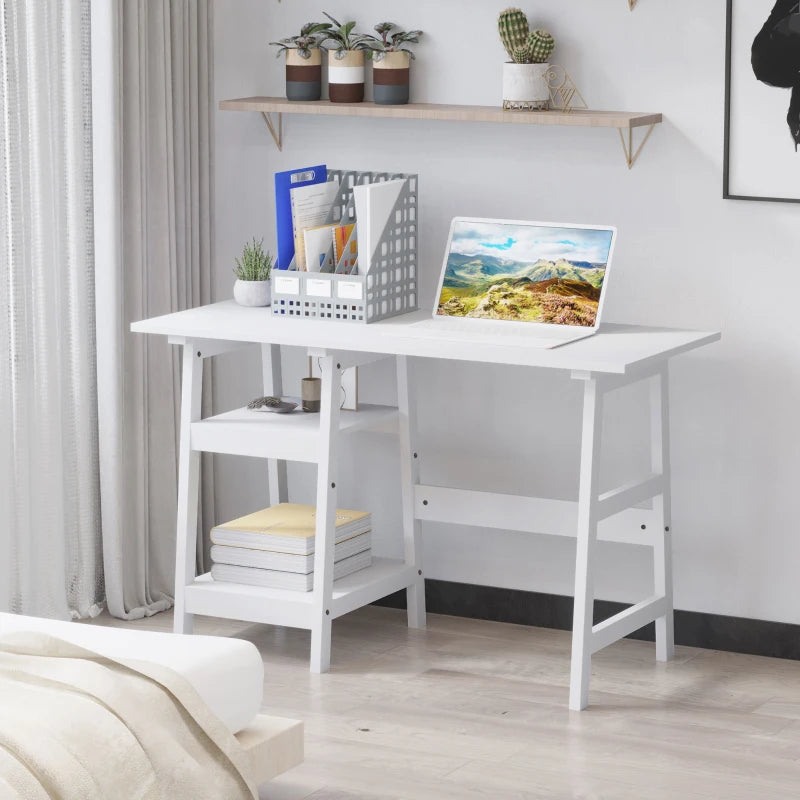 White Compact Computer Desk with Storage Shelves - Home Office Study Table