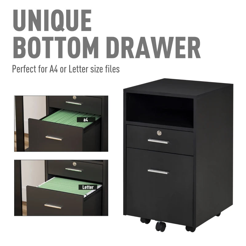 Black 2-Drawer Lockable Filing Cabinet on Wheels