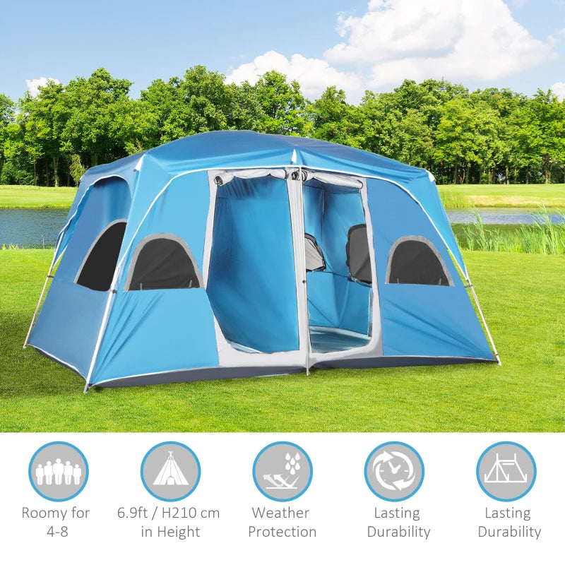 Blue 2-Room Camping Tent for 4-8 People