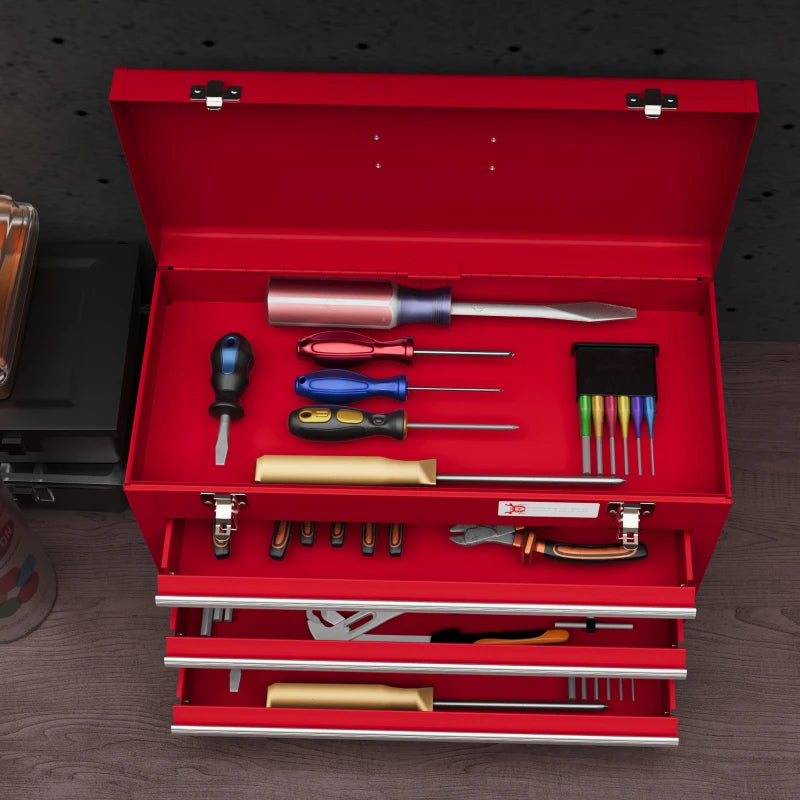 Red 3-Drawer Lockable Metal Tool Box with Handle and Ball Bearing Runners