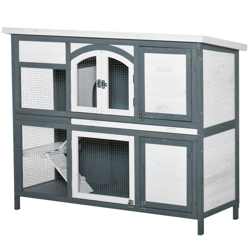 Grey 2 Tier Outdoor Rabbit Hutch with Ramp and Openable Roof