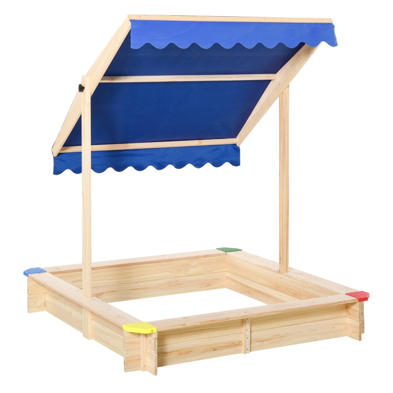 Kids Square Wooden Sand Pit with Canopy Bench Seat - Blue