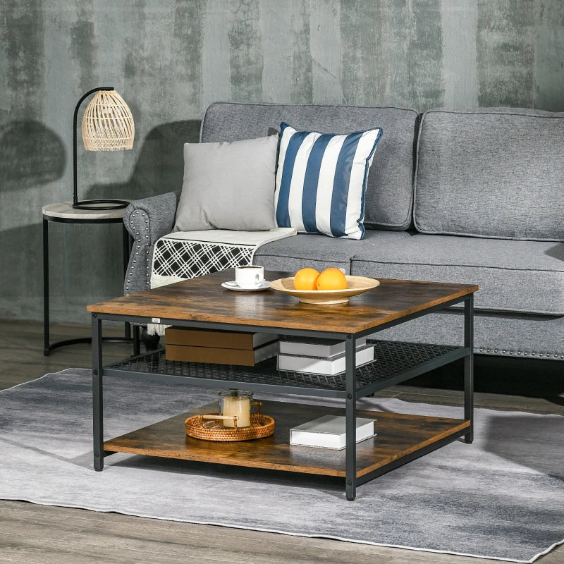 Rustic Brown 3-Tier Square Coffee Table with Storage Shelves