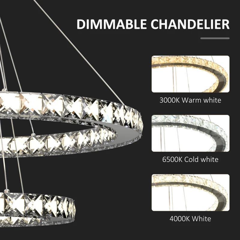 Silver LED Crystal Ring Chandelier - Dimmable Pendant Light with Remote Control