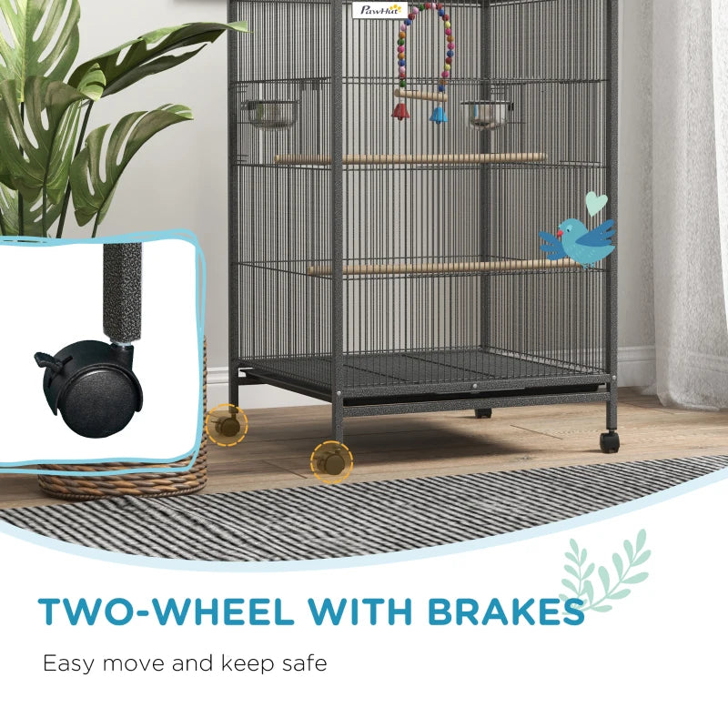 Grey Bird Cage with Rolling Stand for Small Birds